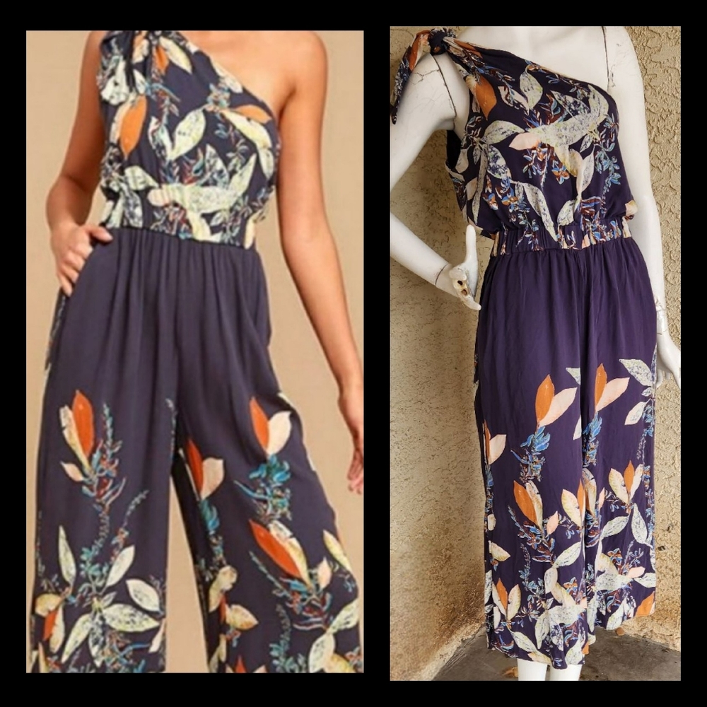 Free People Island Time Denim Blue Print Midi Jumpsuit
